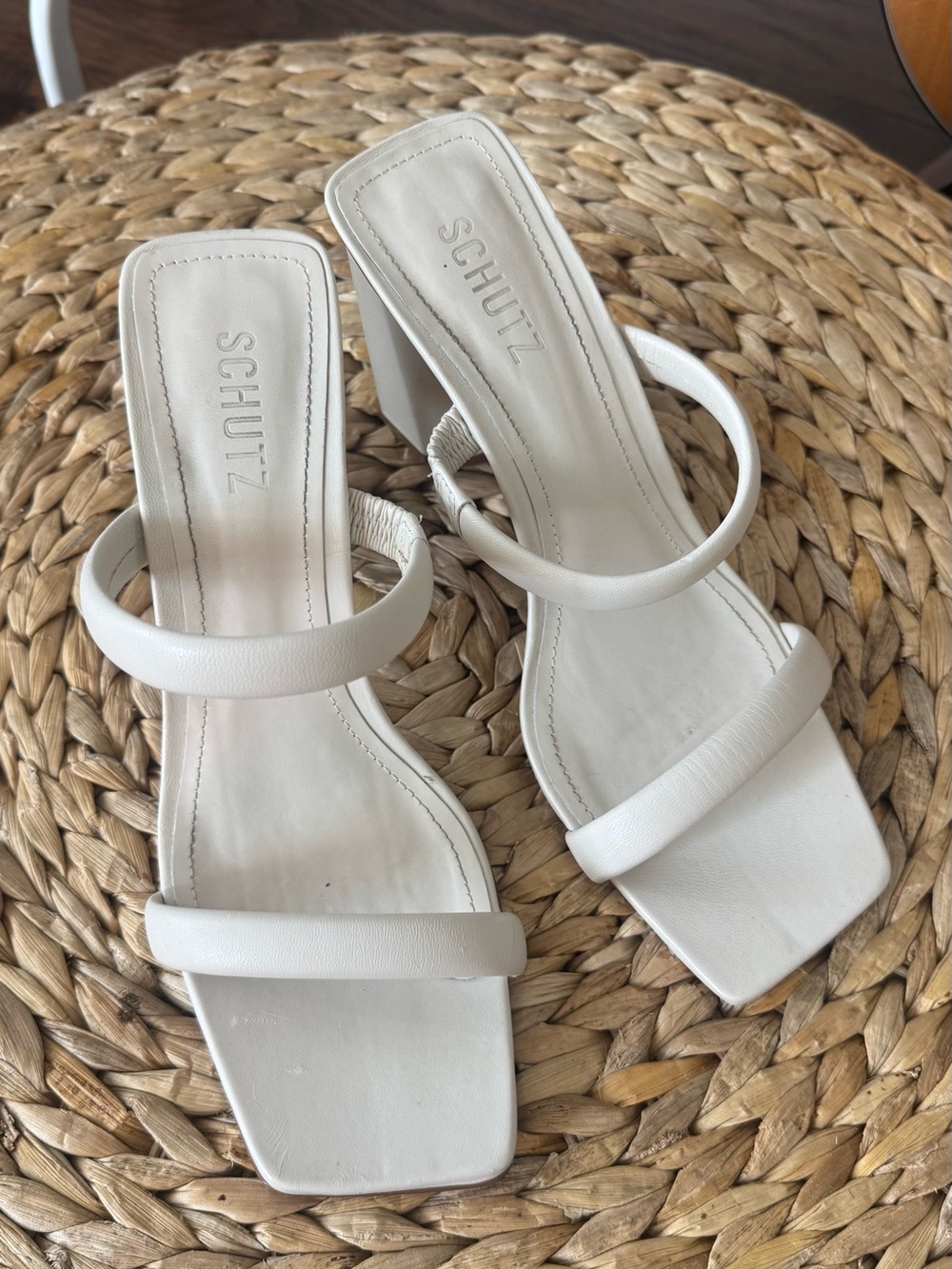 SCHUTZ White Double Strap Square Toe Heels